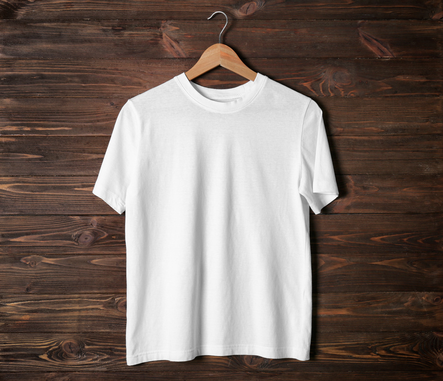 Blank White T-Shirt Hanging on Wooden Background